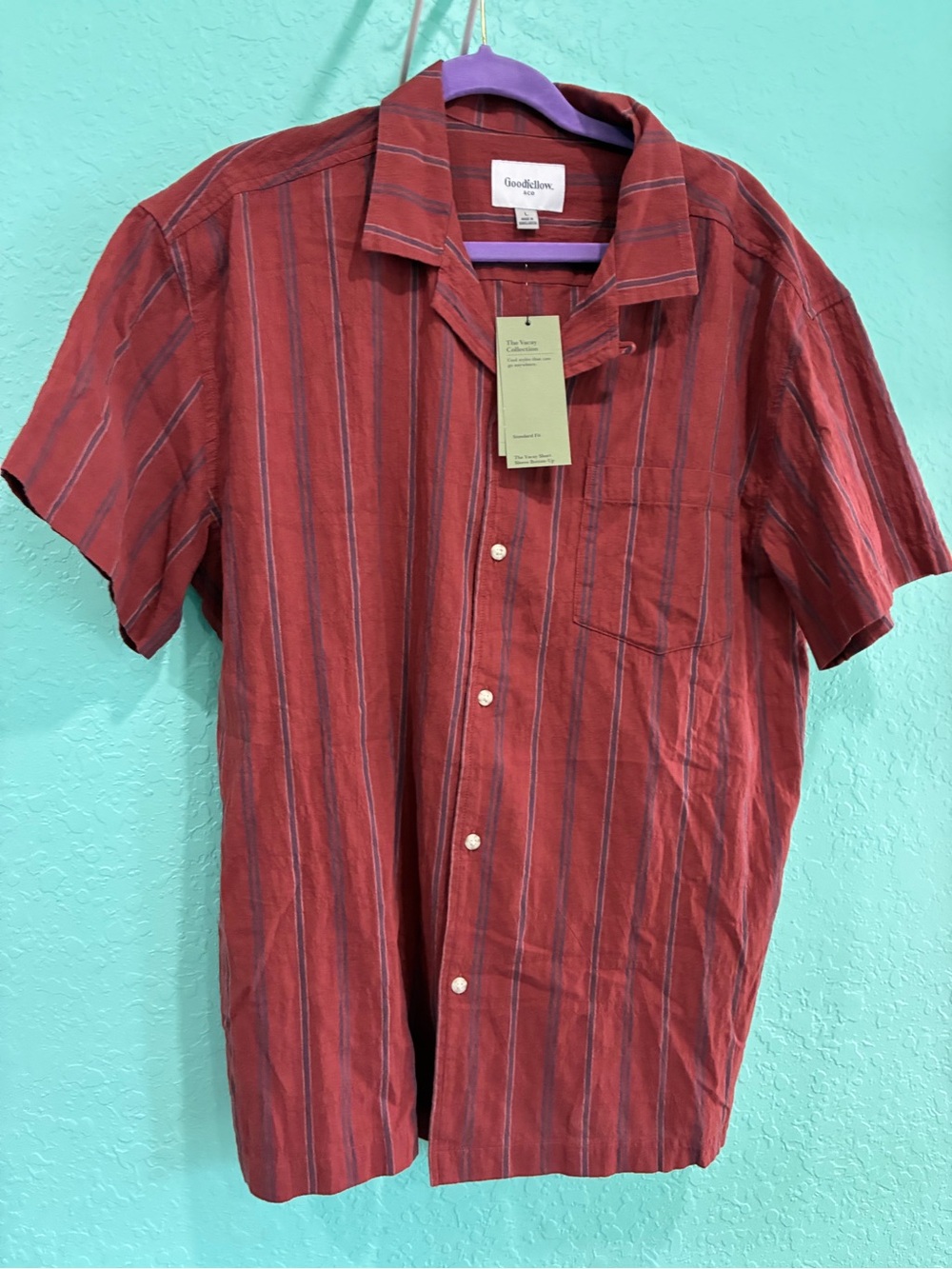 Goodfellow Men’s L Red Striped Short-Sleeve Button-Down camp Shirt vacay NWT